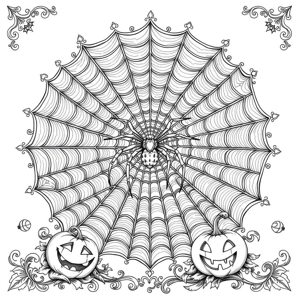 Black and white coloring page of giant spider web with spider and jack-o-lanterns