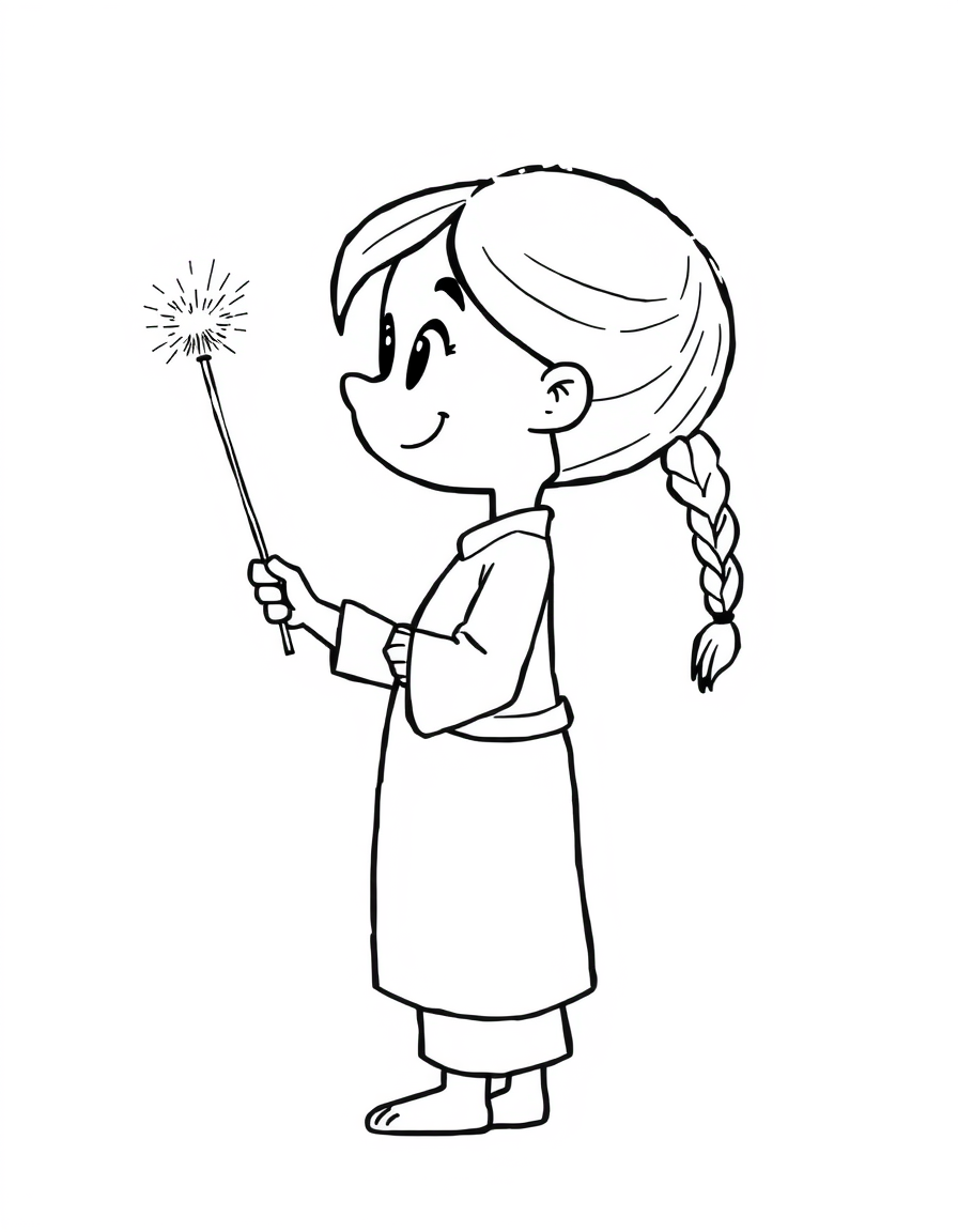 Coloring page of a cartoon girl in profile holding an upright sparkler with short spark lines at its tip
