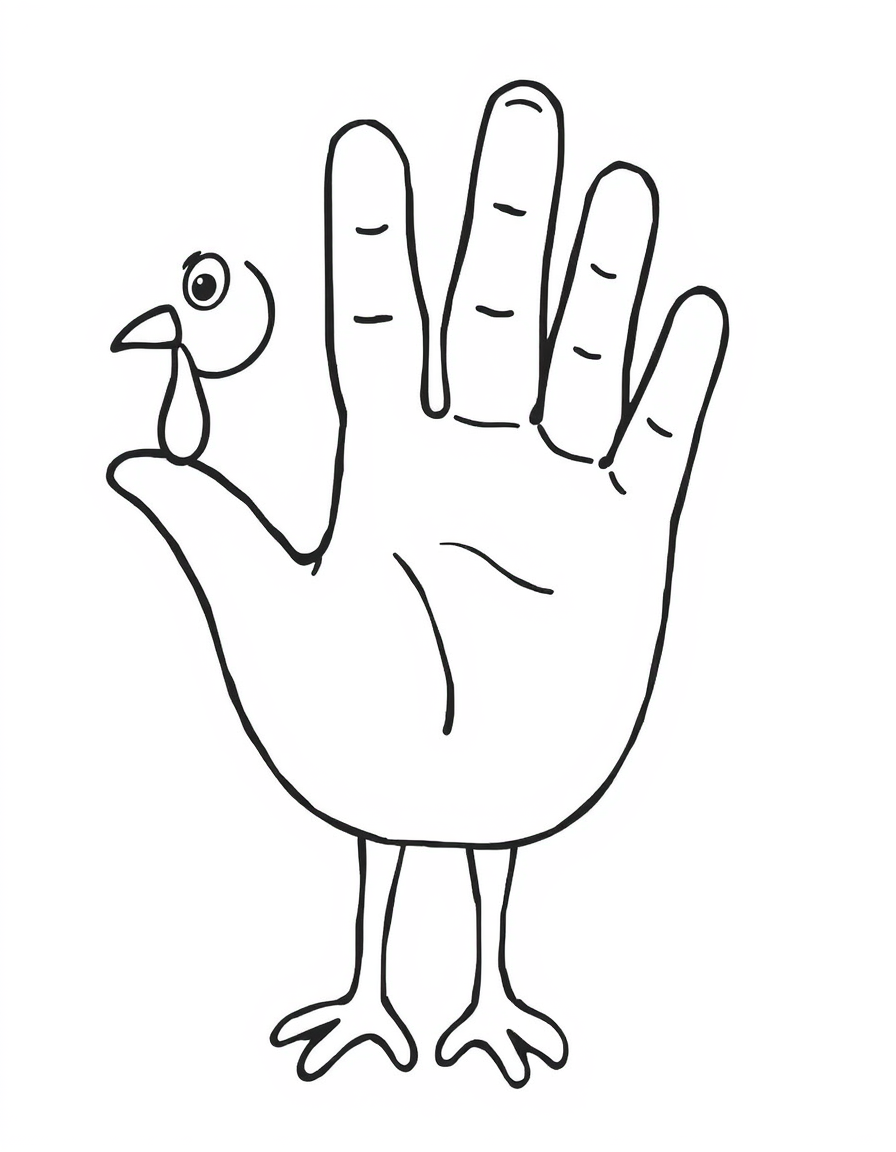 Hand Turkey Traced From a Child's Hand black and white line art