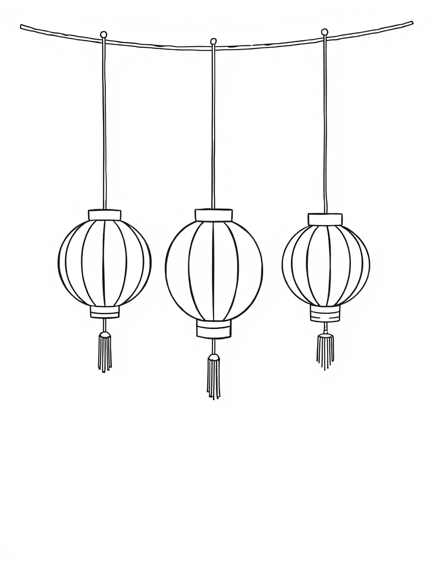 Coloring page of three round paper lanterns hanging at different heights, each with curved panels and a tassel fringe