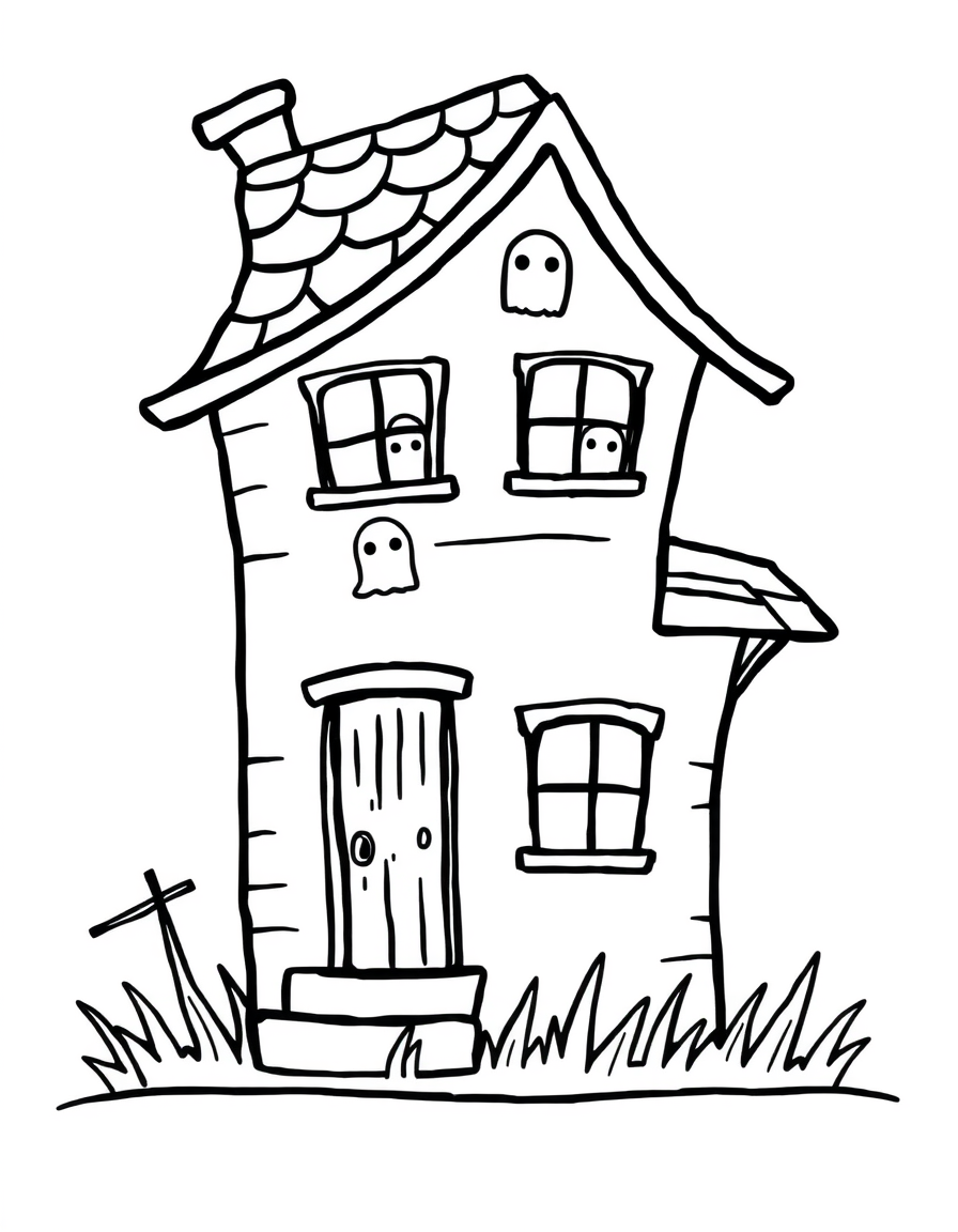 Haunted House With Ghosts Floating in the Windows black and white line art