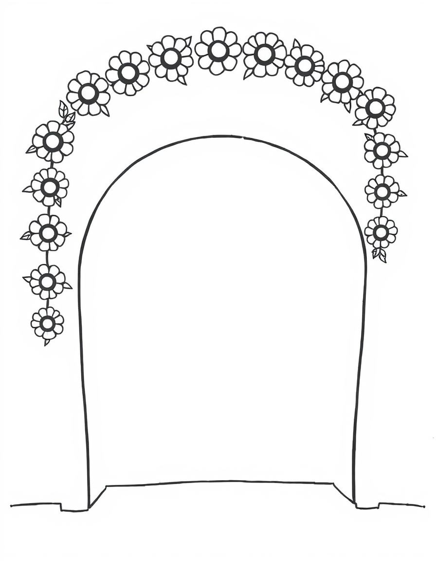 Coloring page of a marigold garland curving across a plain doorway, each flower an open circle ringed with petal strokes
