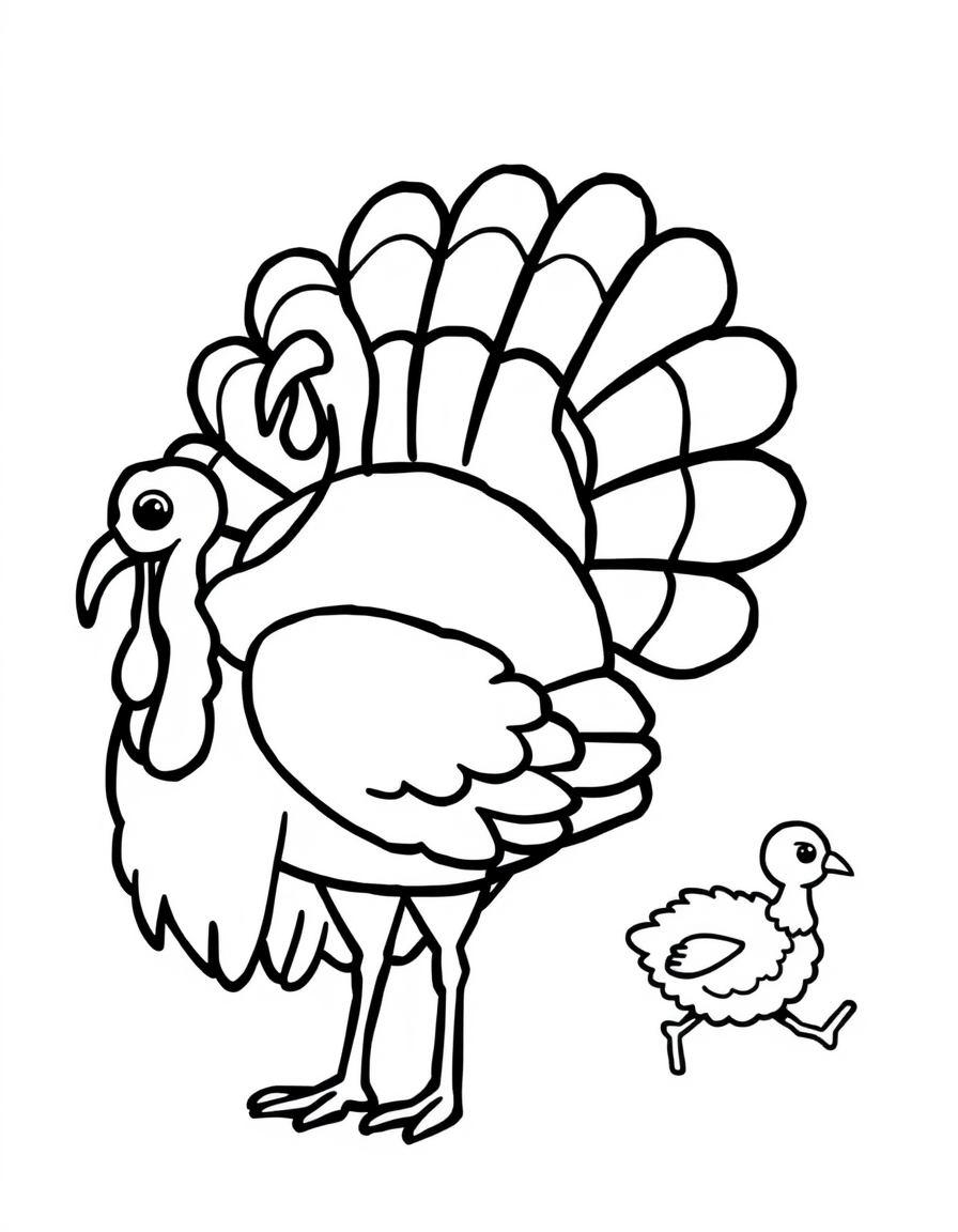 Mother Turkey Walking With Her Chick black and white line art