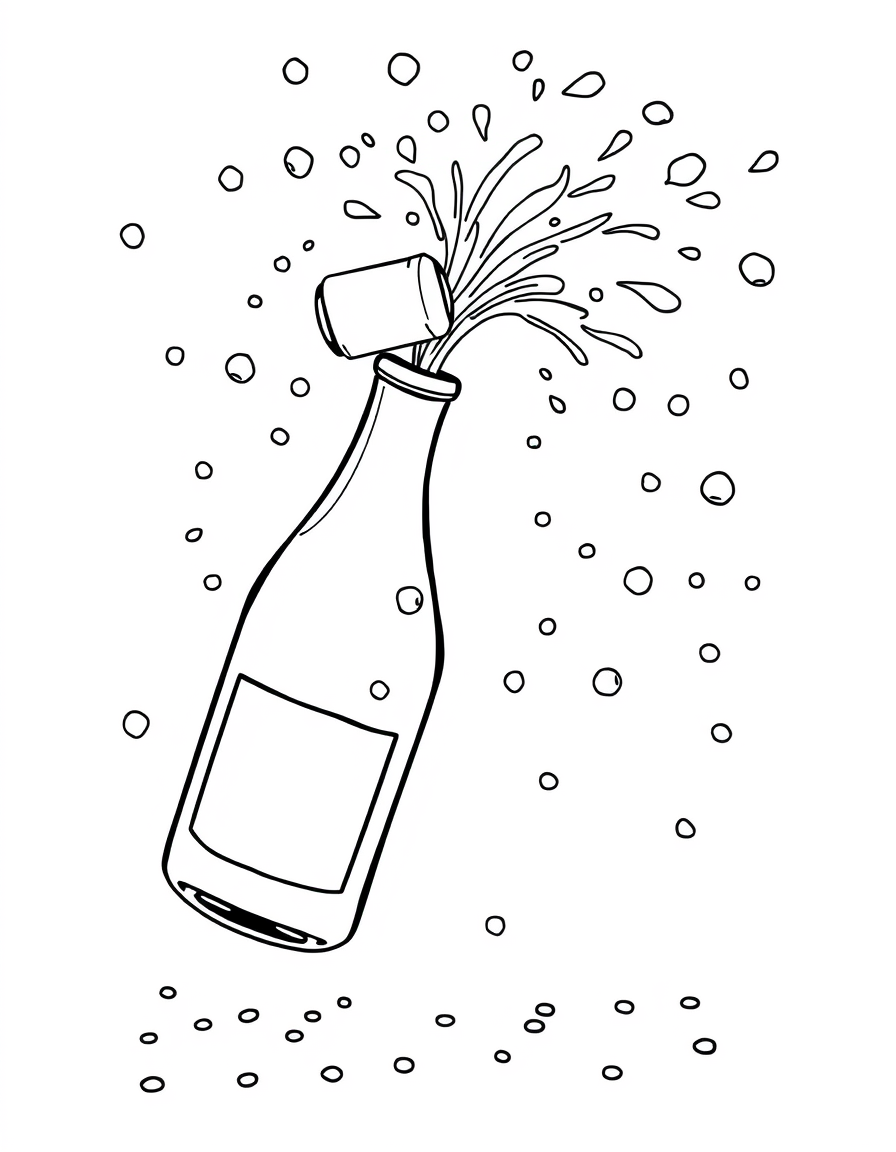 New Year Champagne Bottle Popping Cork With Bubbles And Confetti Coloring Page - free printable coloring page