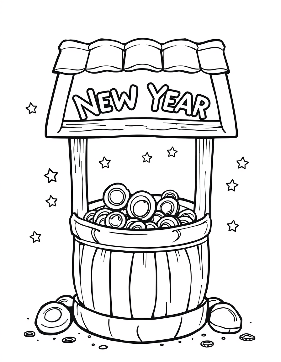 New Year Wishing Well Decorated With Coins And Stars Coloring Page - free printable coloring page