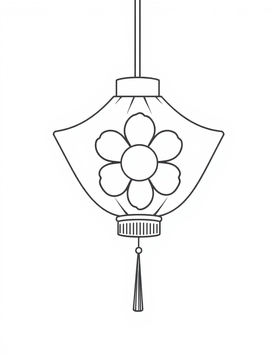 Coloring page of a six sided star lantern hanging from a chain, each panel holding one open flower outline above a row of tassels
