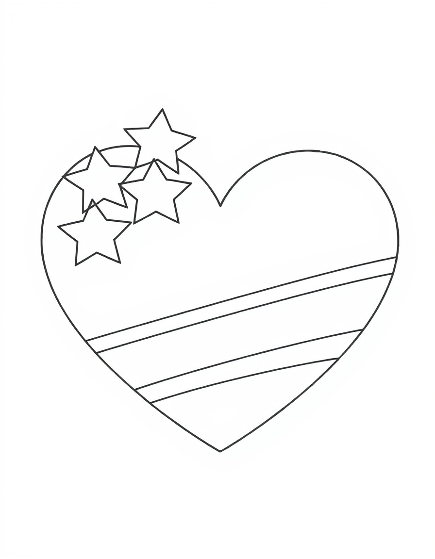 Coloring page of a large heart filled with star outlines and wide curved bands