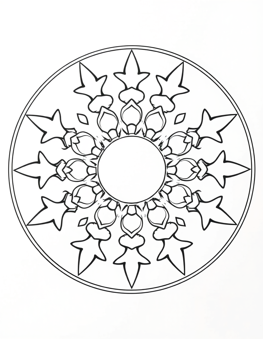 Coloring page of a round mandala built from rings of stars and flower buds