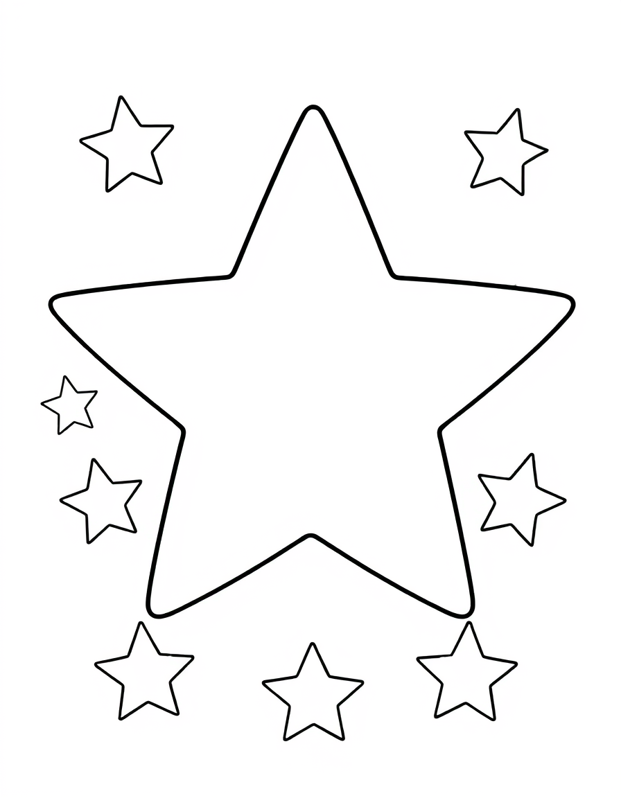 Coloring page of one large five pointed star surrounded by eight small stars