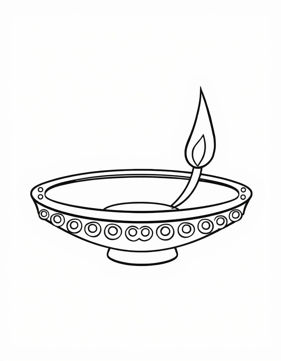 Coloring page of a clay diya oil lamp with a band of open ring patterns and one teardrop flame on its lip