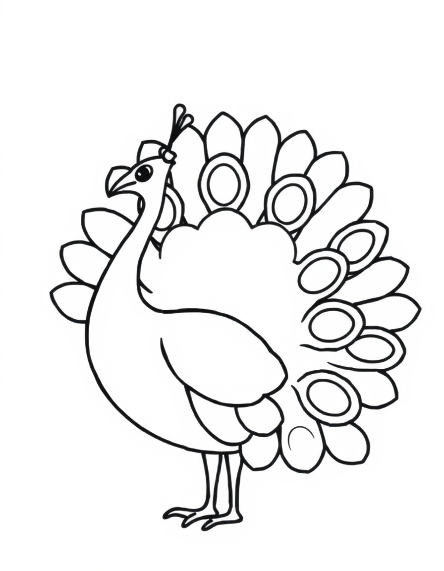 Coloring page of a cartoon peacock in profile with its tail fanned into a half circle of open oval eye feathers