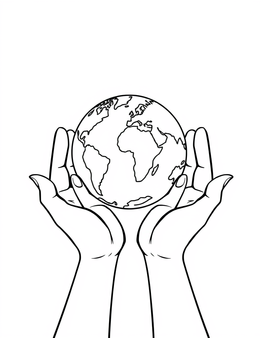 Coloring page of two open cupped hands holding a round planet Earth