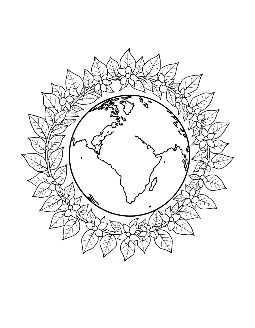 Coloring page of a detailed planet Earth ringed by a wreath of leaves and flowers