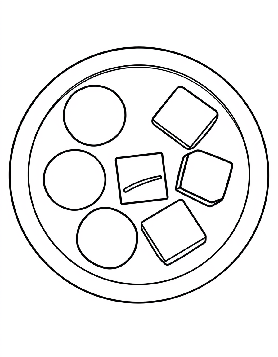 Coloring page of a round plate seen from above holding open circle ladoo balls and square burfi pieces
