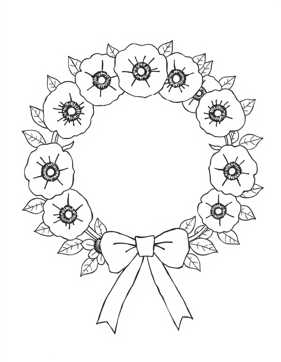 Coloring page of a round wreath of poppy flowers tied with a ribbon bow