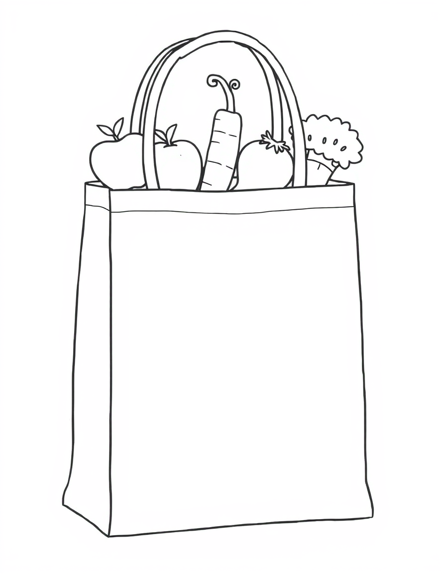 Coloring page of a plain cloth shopping bag filled with fruit and vegetables