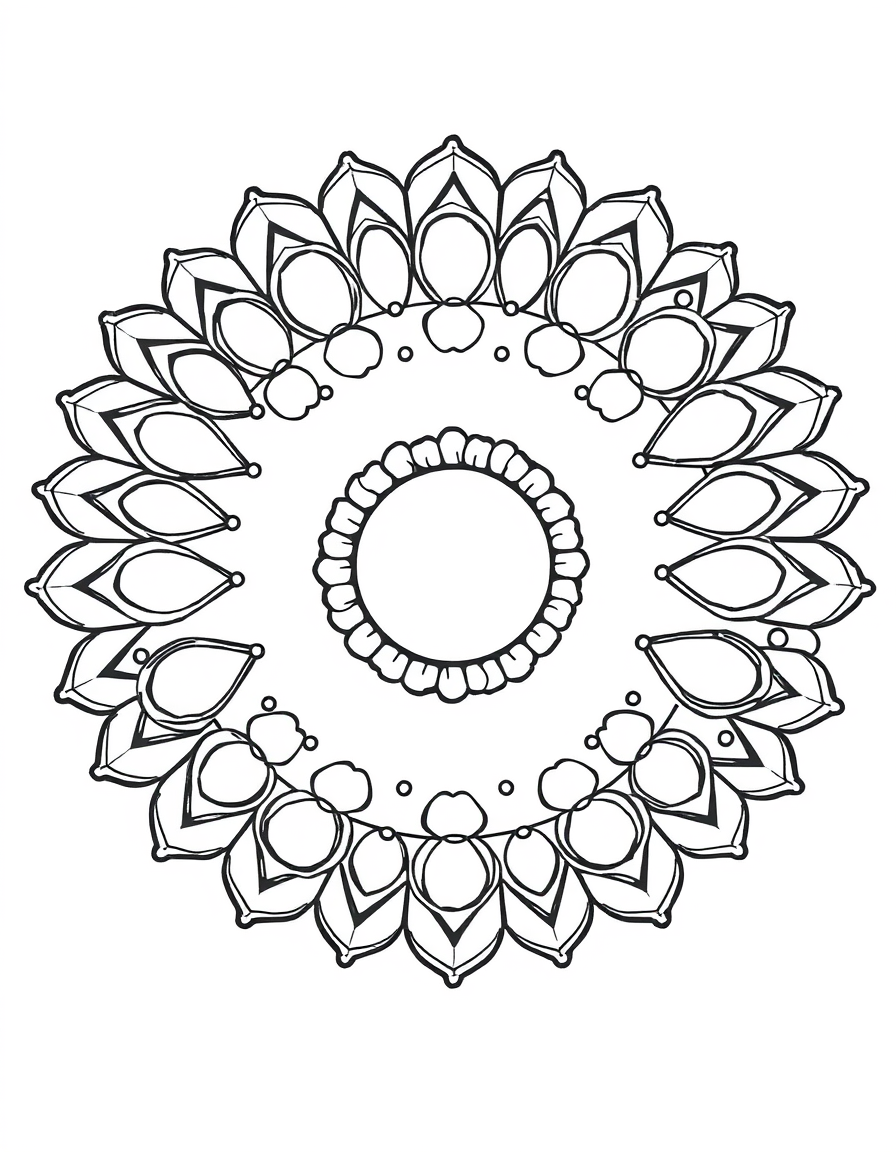Coloring page of a round rangoli pattern built from rings of open lotus petal outlines with a ring of plain dots around the edge