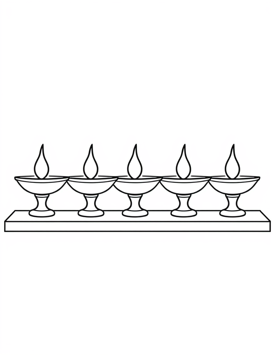 Coloring page of clay diya lamps standing in a row along a plain ledge, each with an open teardrop flame