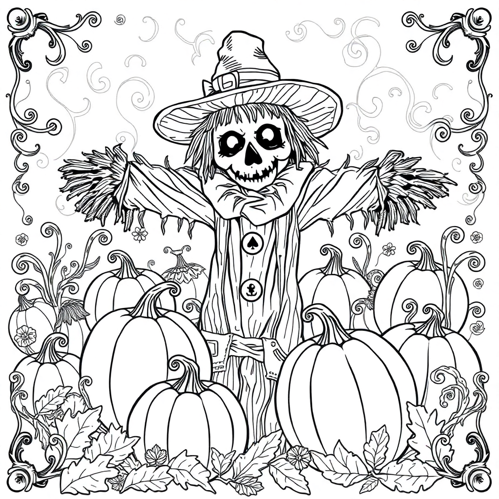 Black and white coloring page of scarecrow in a spooky pumpkin patch