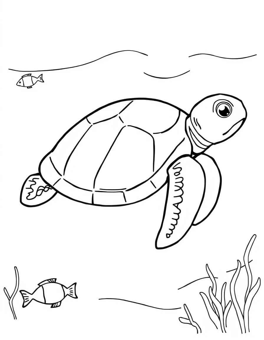 Coloring page of a sea turtle swimming with two fish in clear open water