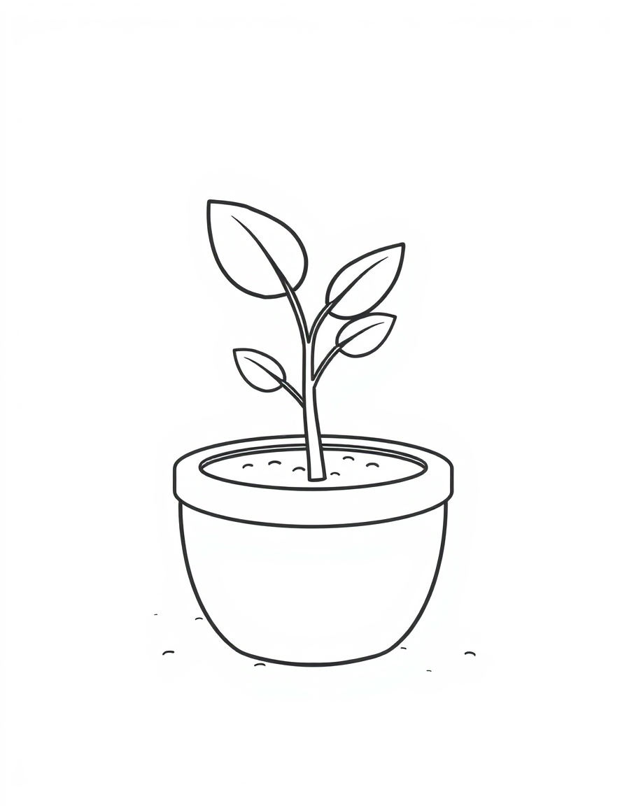 Coloring page of a small seedling with two leaves growing in a round flower pot