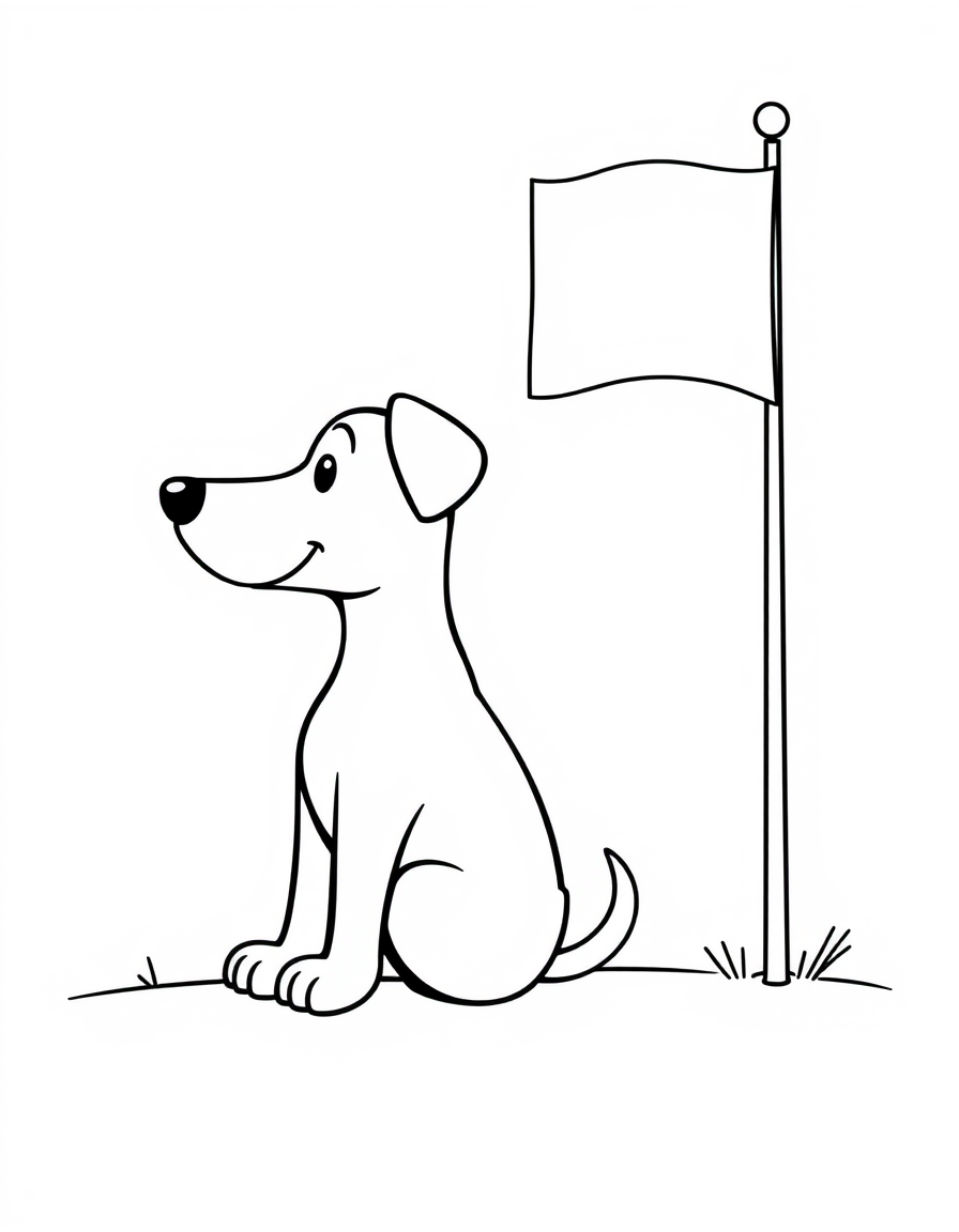 Coloring page of a cartoon dog sitting beside a blank flag on a tall pole