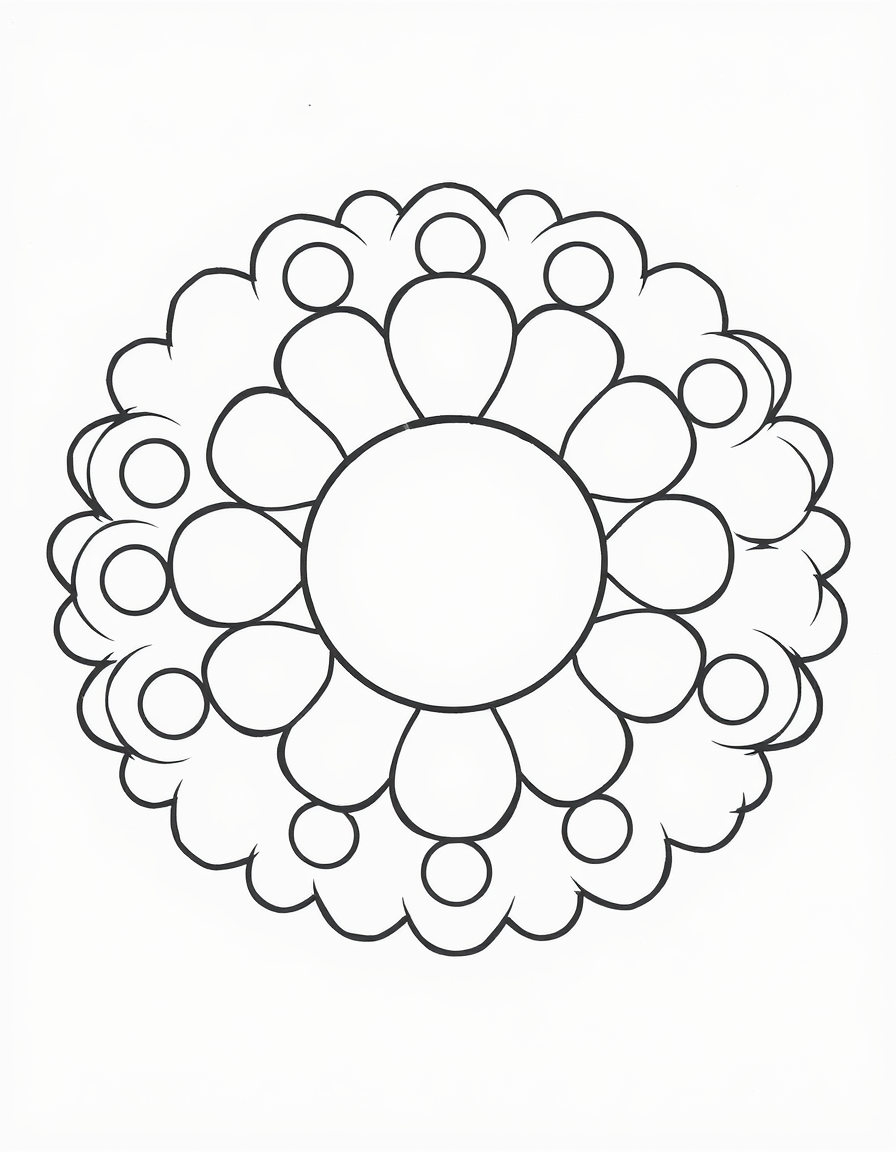 Coloring page of a simple rangoli circle with eight wide rounded petals and a ring of large plain dots