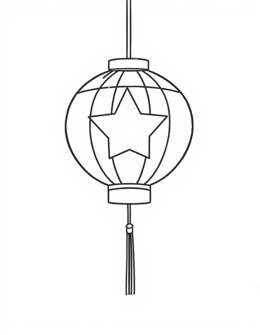 Coloring page of a plain five pointed star lantern hanging from a string above four straight tassels