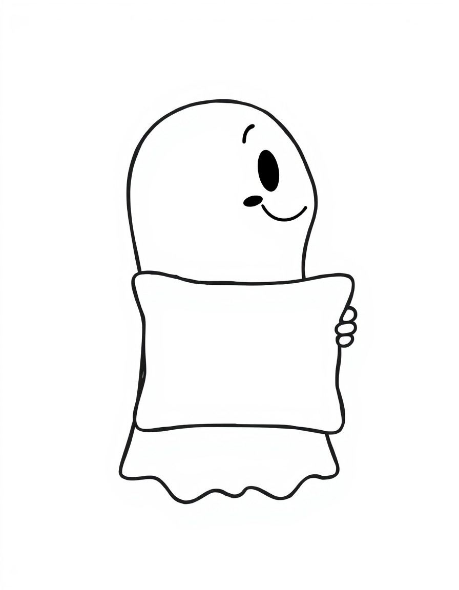 Sleepy Ghost Floating With a Pillow black and white line art