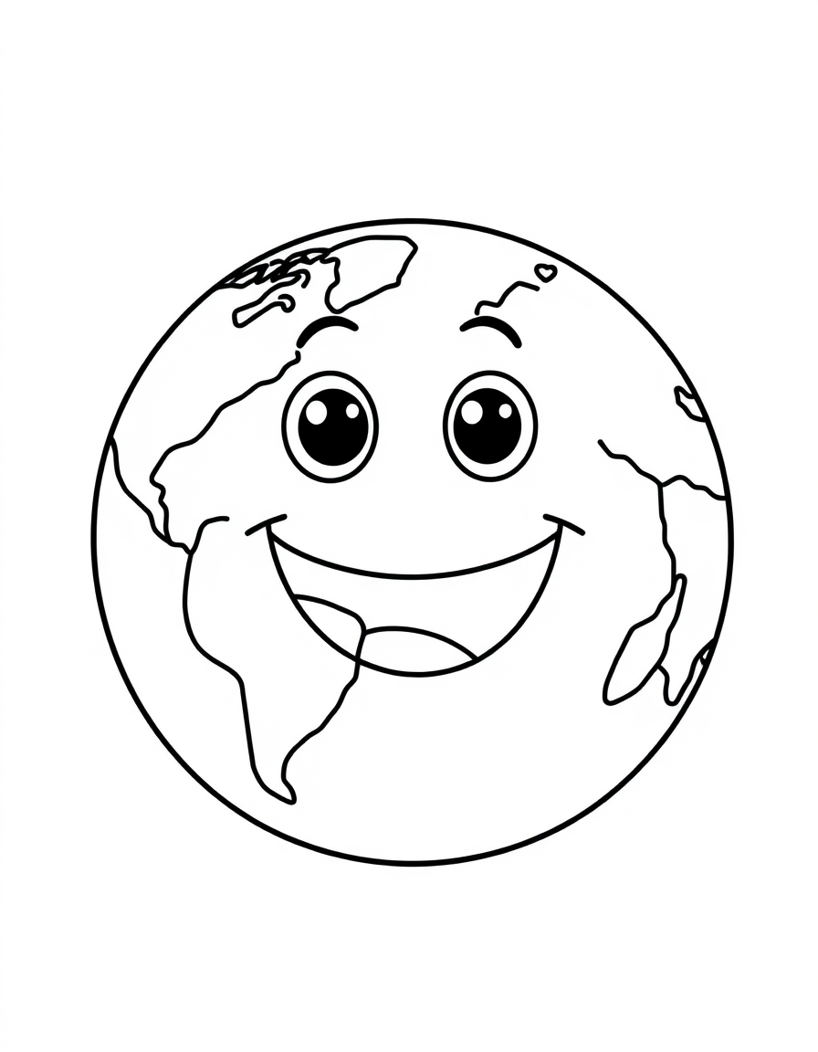 Coloring page of a smiling cartoon planet Earth with open outline continents