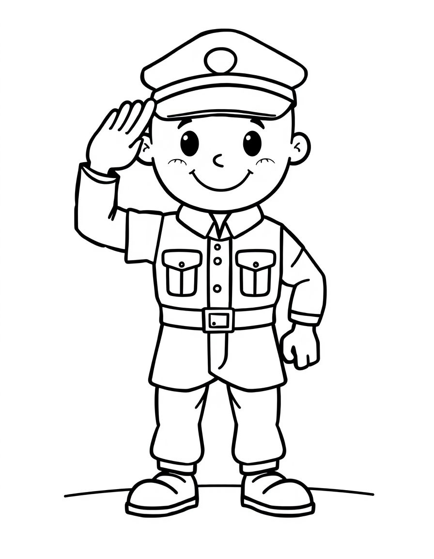 Coloring page of a cartoon soldier standing at attention and saluting