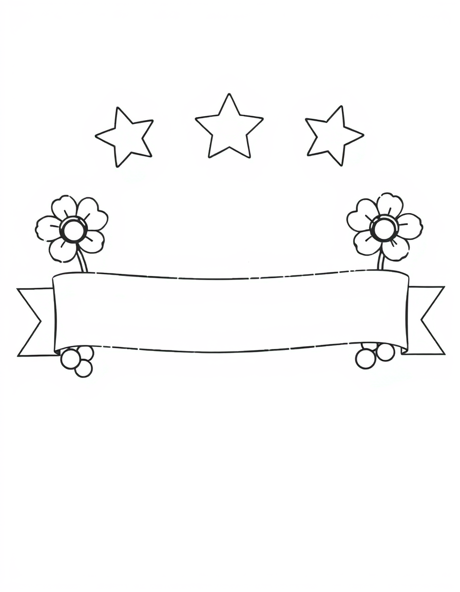 Coloring page of a wide blank ribbon banner with a flower at each end and three stars above it