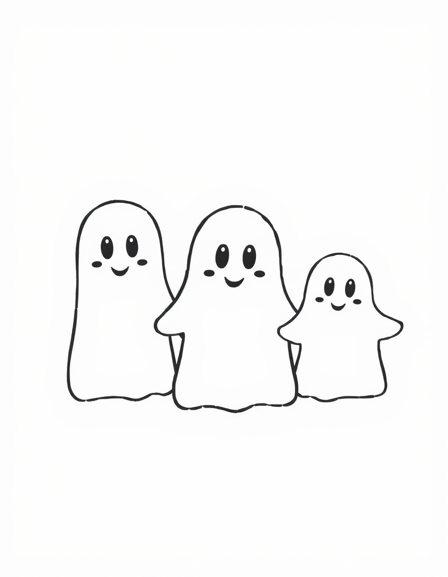 Three Little Ghosts Floating in a Row black and white line art