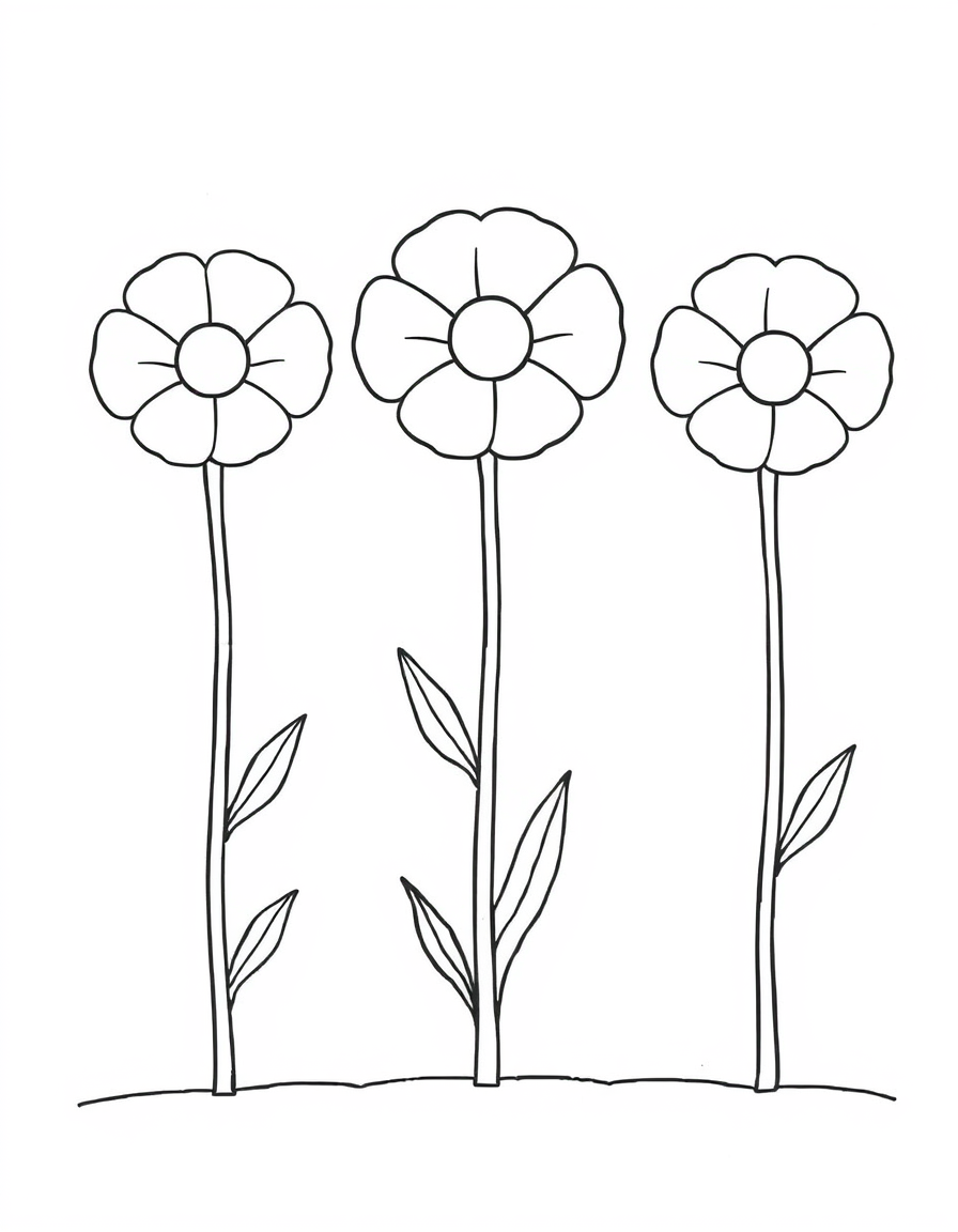 Coloring page of three poppy flowers standing in a row on tall stems