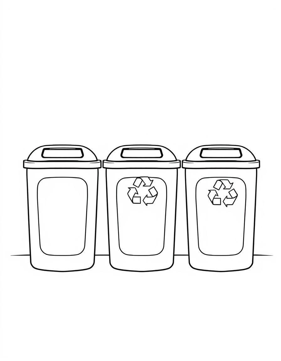 Coloring page of three recycling bins standing in a row, each marked with a recycling symbol