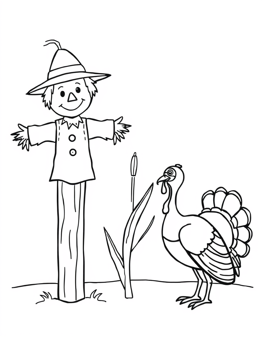 Turkey and a Scarecrow in a Corn Field black and white line art