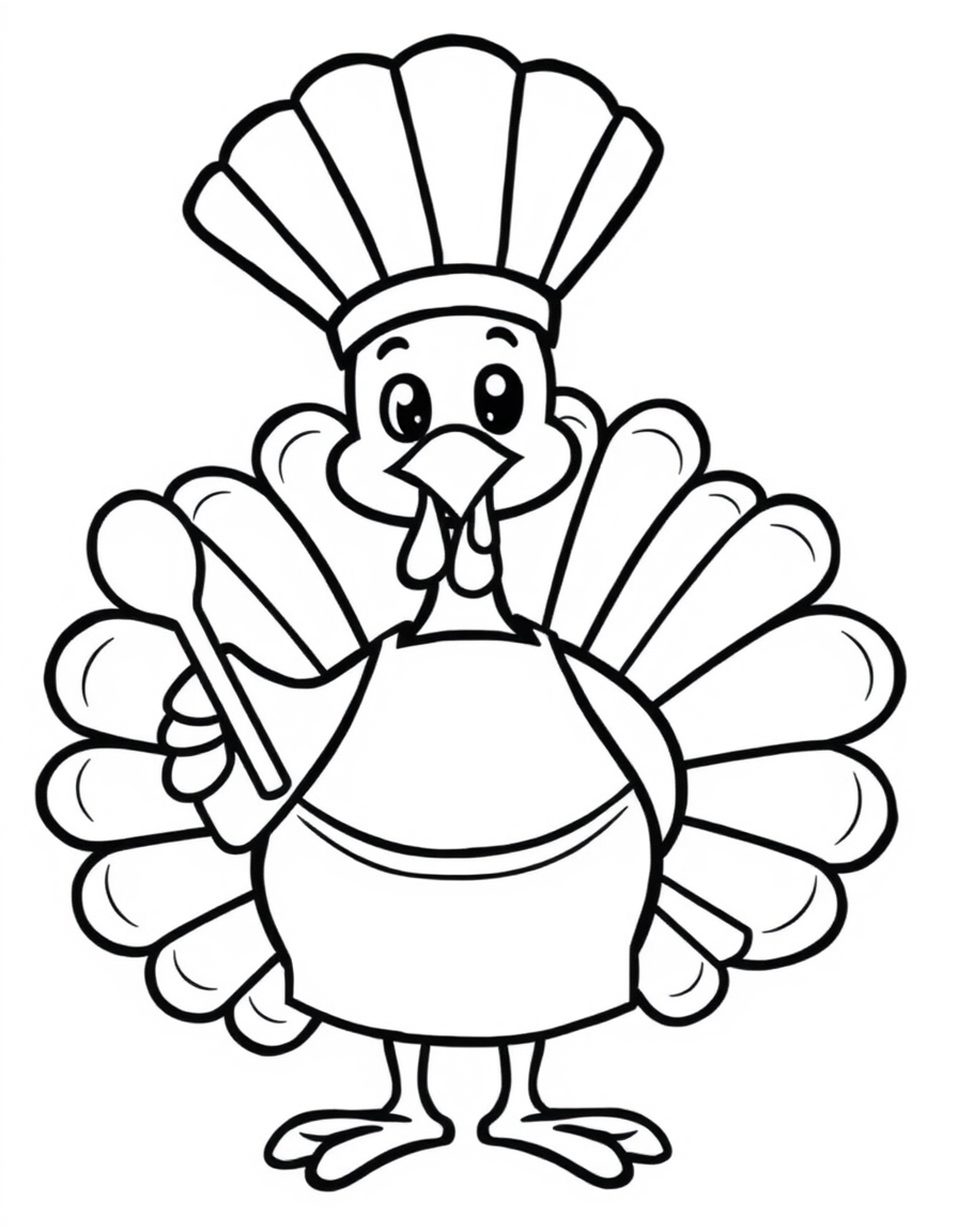 Turkey Dressed as a Chef black and white line art