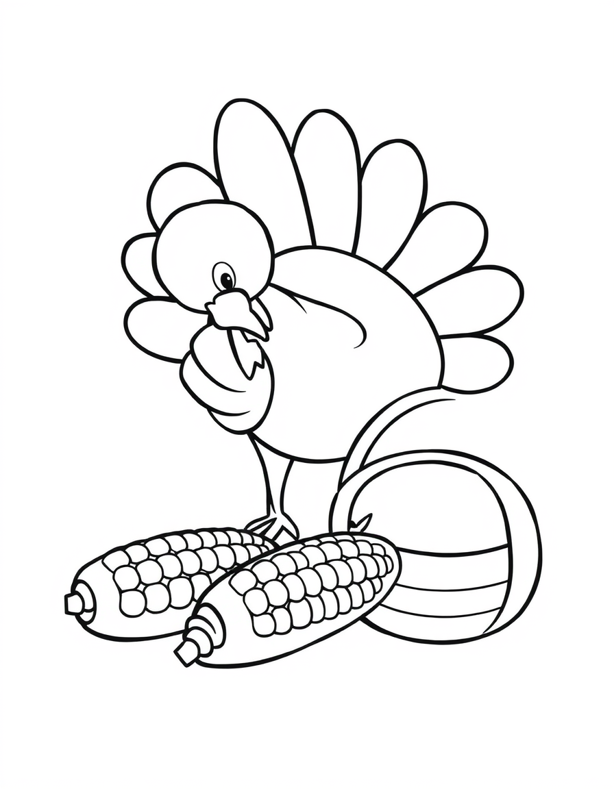 Turkey Pecking Corn From a Smooth Basket black and white line art