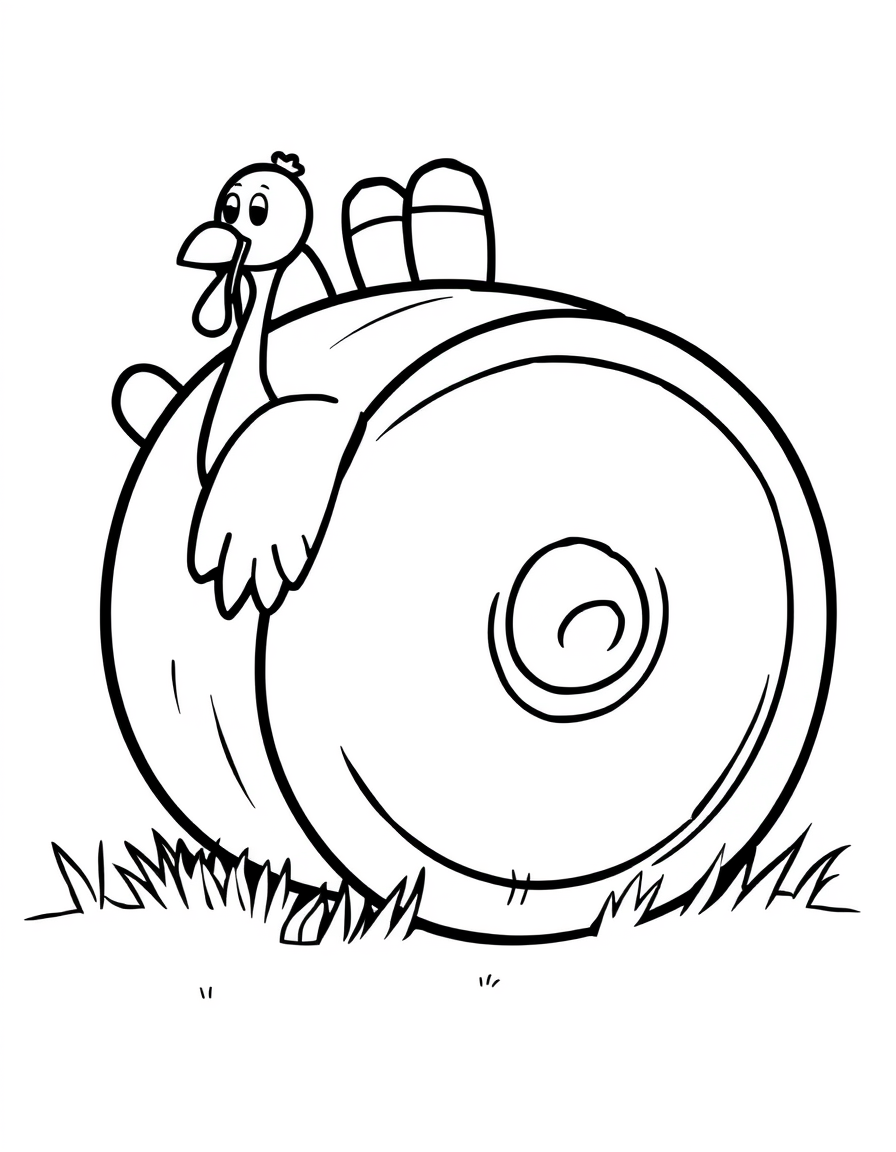 Turkey Peeking Out From Behind a Hay Bale black and white line art