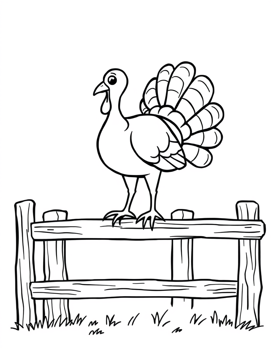 Turkey Perched on a Fence Rail black and white line art