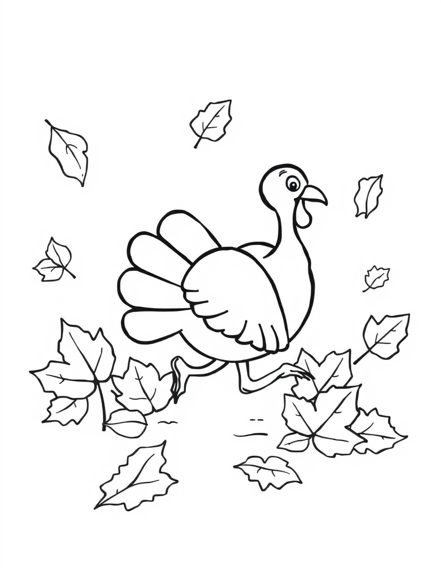 Turkey Playing in Falling Leaves black and white line art