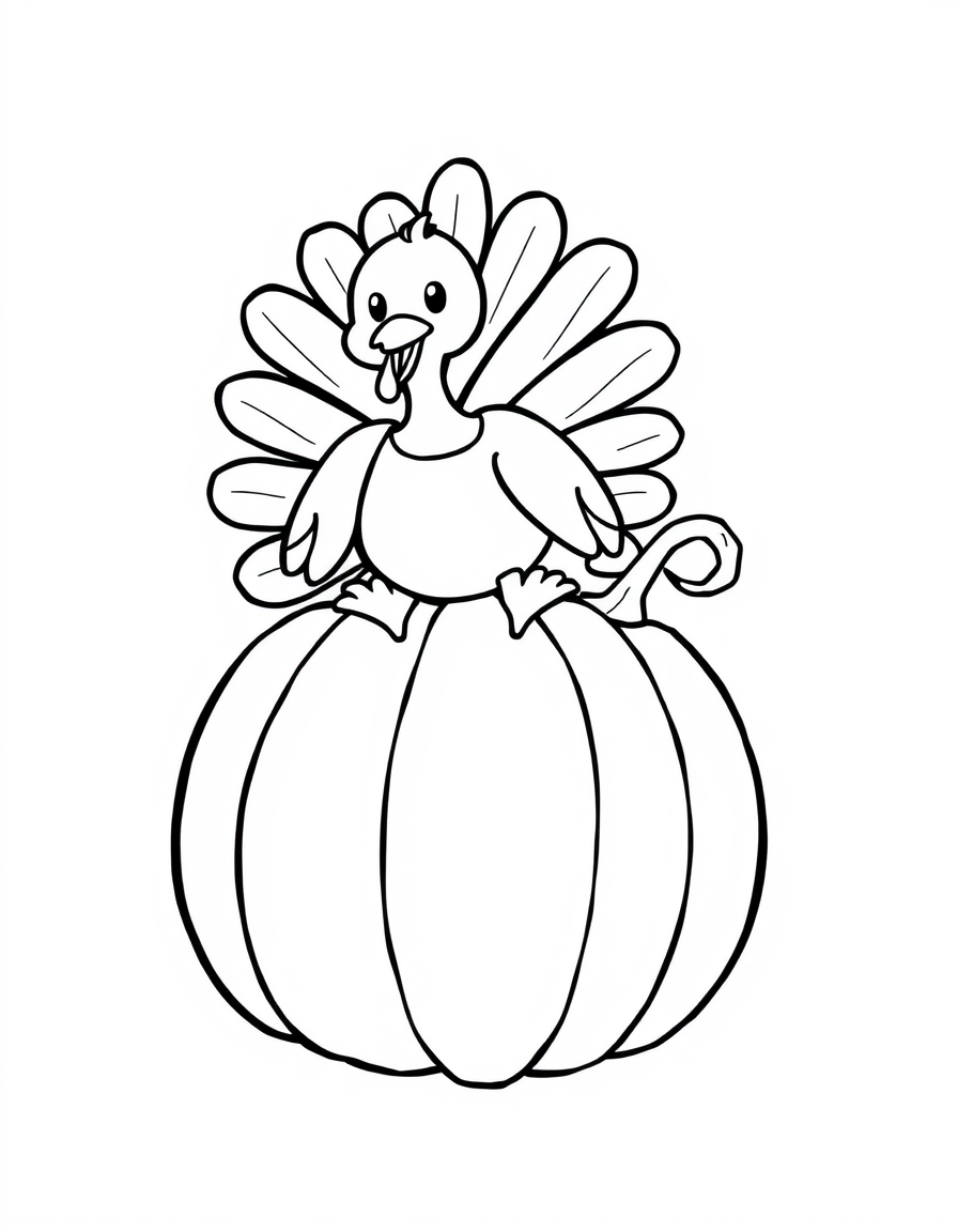 Turkey Sitting on a Giant Pumpkin black and white line art