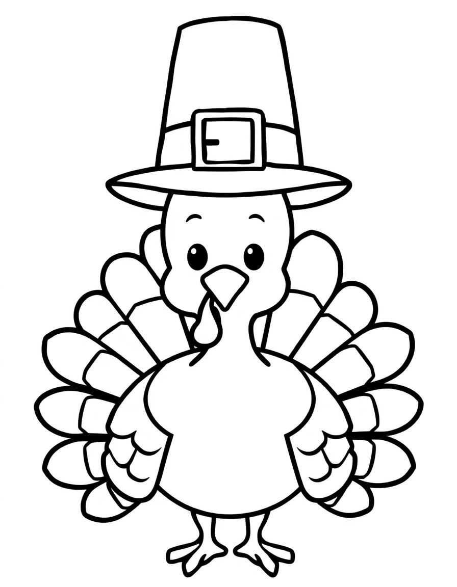 Turkey Wearing a Pilgrim Hat black and white line art