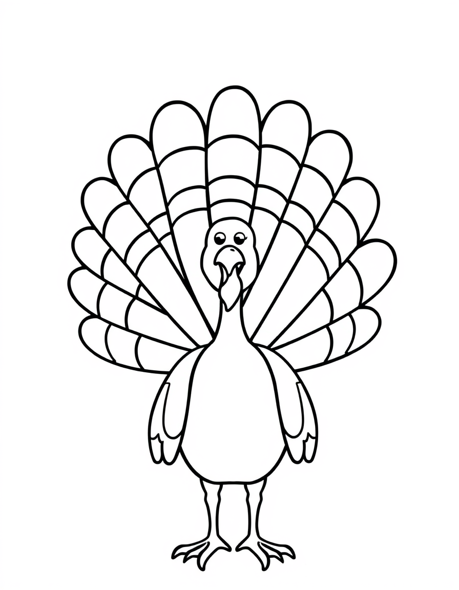 Turkey With Patterned Tail Feathers black and white line art