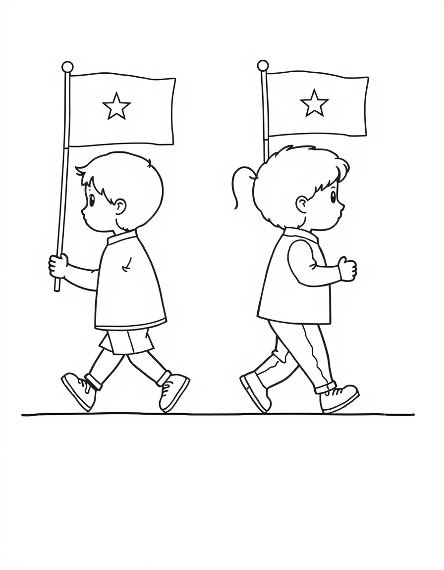 Coloring page of two children marching in a parade with small flags