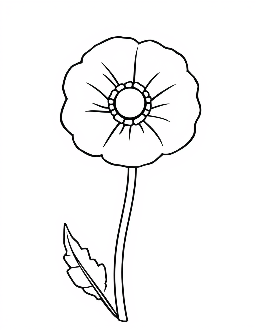 Coloring page of one large poppy flower with four wide petals on a thick stem