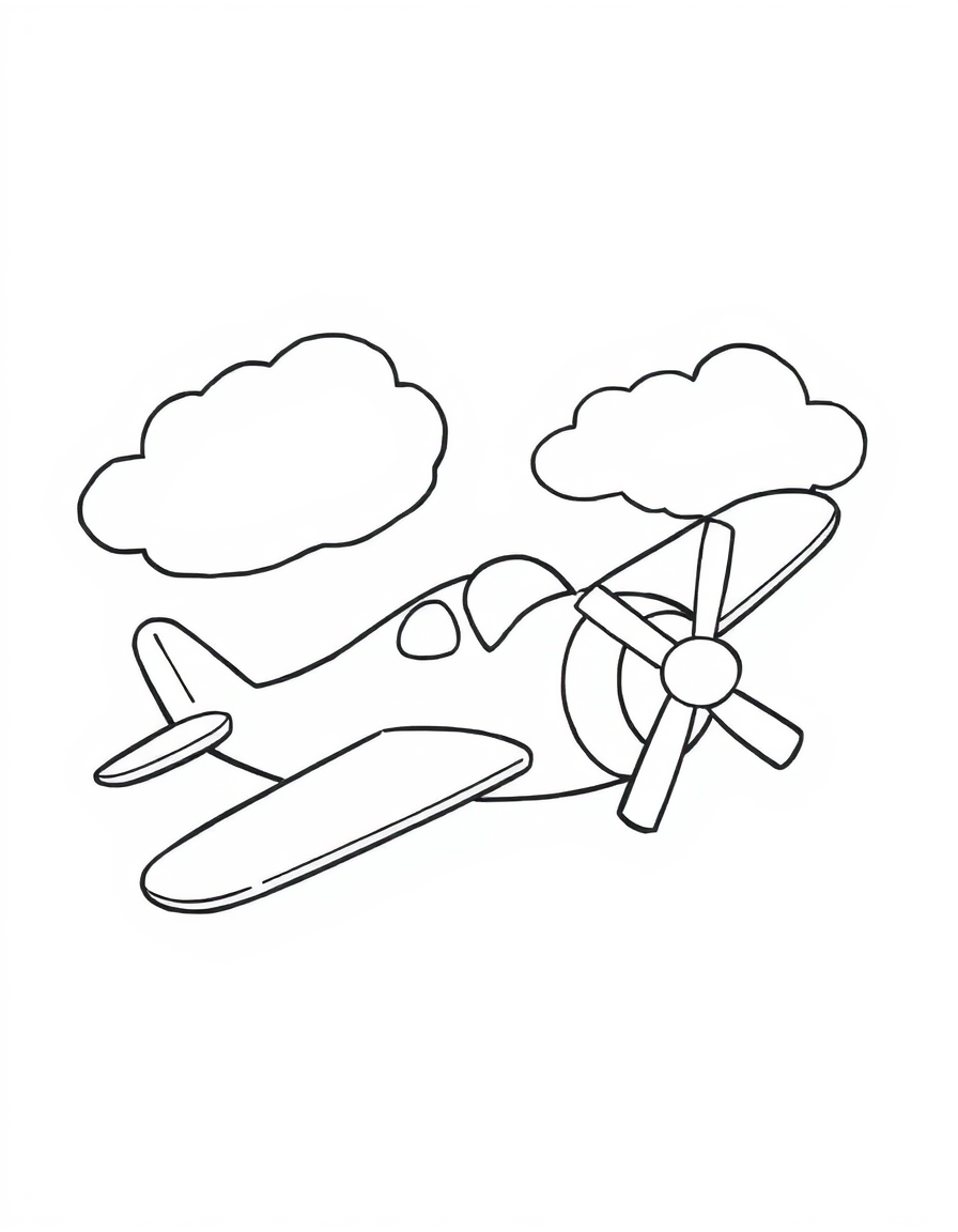Coloring page of a vintage propeller airplane flying past two large clouds