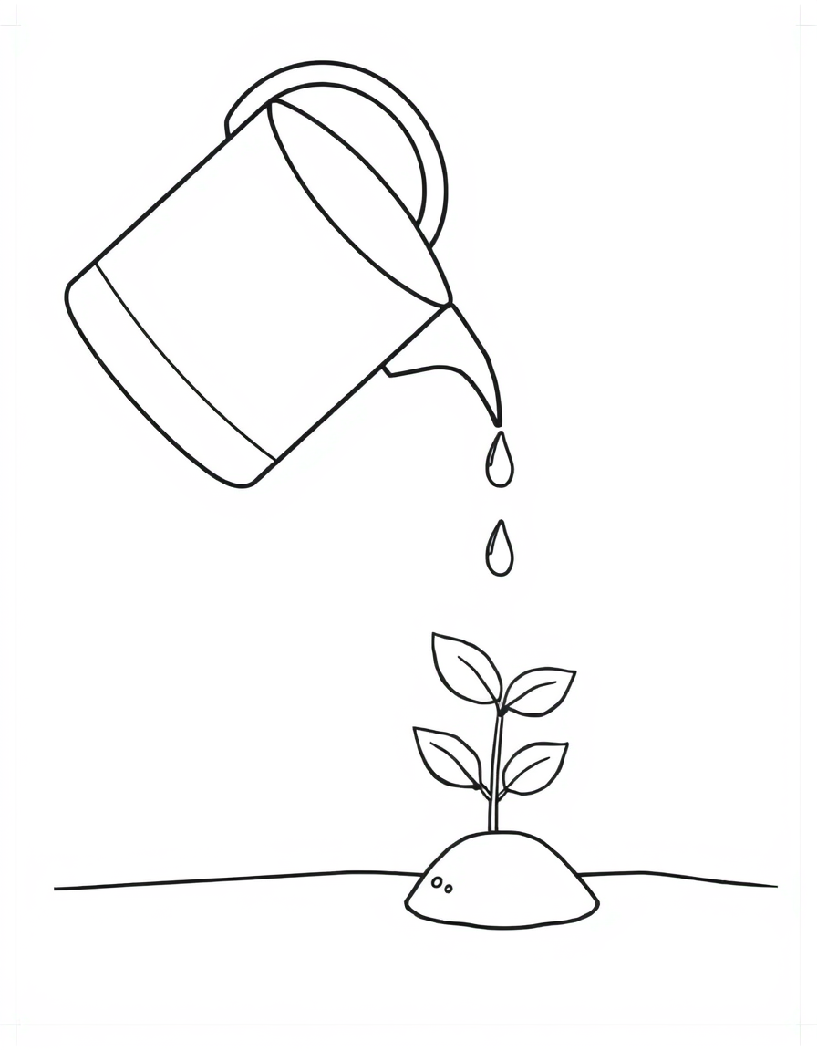 Coloring page of a watering can pouring water onto a small young plant