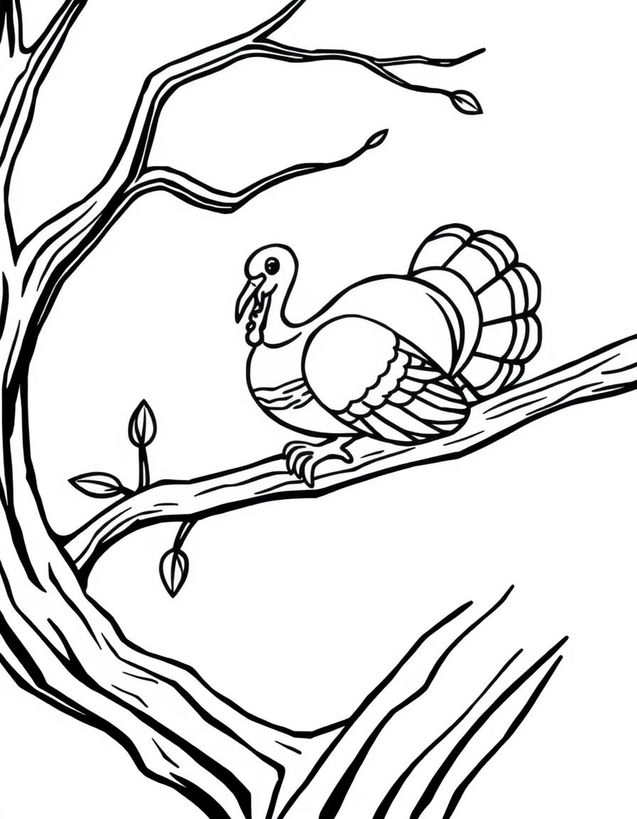 Wild Turkey Roosting on a Tree Branch black and white line art