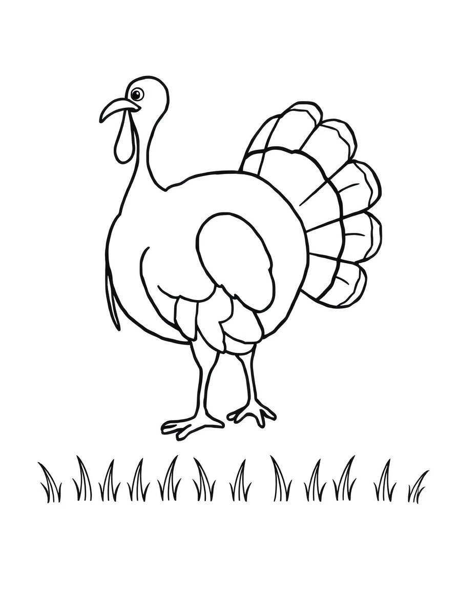 Wild Turkey Strutting in a Meadow black and white line art